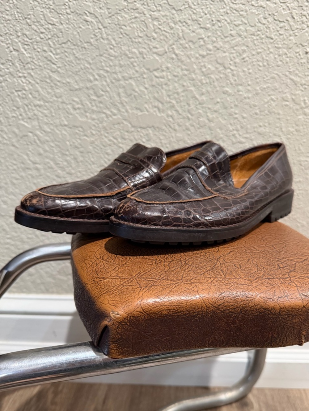 Ralph Lauren Dark Brown Croc-Embossed Leather Penny Loafers